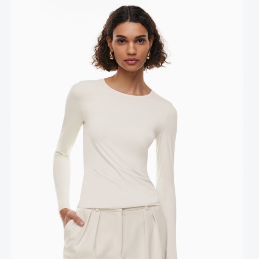 Eileen Fisher Womens Ivory 100% Silk Jersey Long Sleeve Crew Neck Top Size M